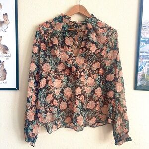 MANGO floral blouse with ruffle and tie